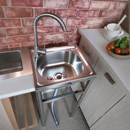 Single Bowl Kitchen Sink, Freestanding Garden Outdoor Sink, Movable Stainless Steel Sink, Essential Sink for Rentals, Sink with Hot And Cold Water Faucet, Suitable for Restaurants, Gardens, Garages, And Camping