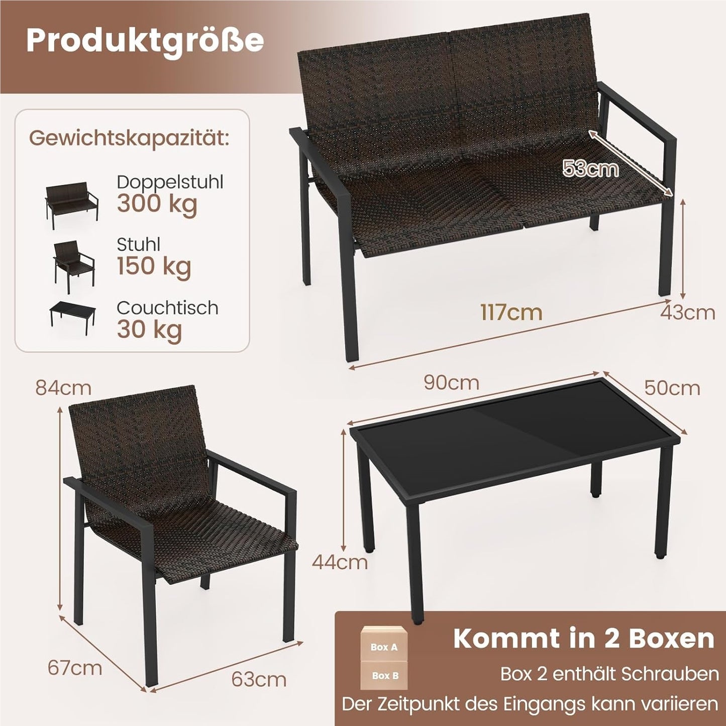 Polyrattan Tuinmeubelset – Tuinset – Loungeset – Balkonset – Terrasmeubelen – 4-Delig Met 2 Stoelen, Bank & Tafel – Weerbestendig Metaalframe – Gehard Glas Blad – Bruin