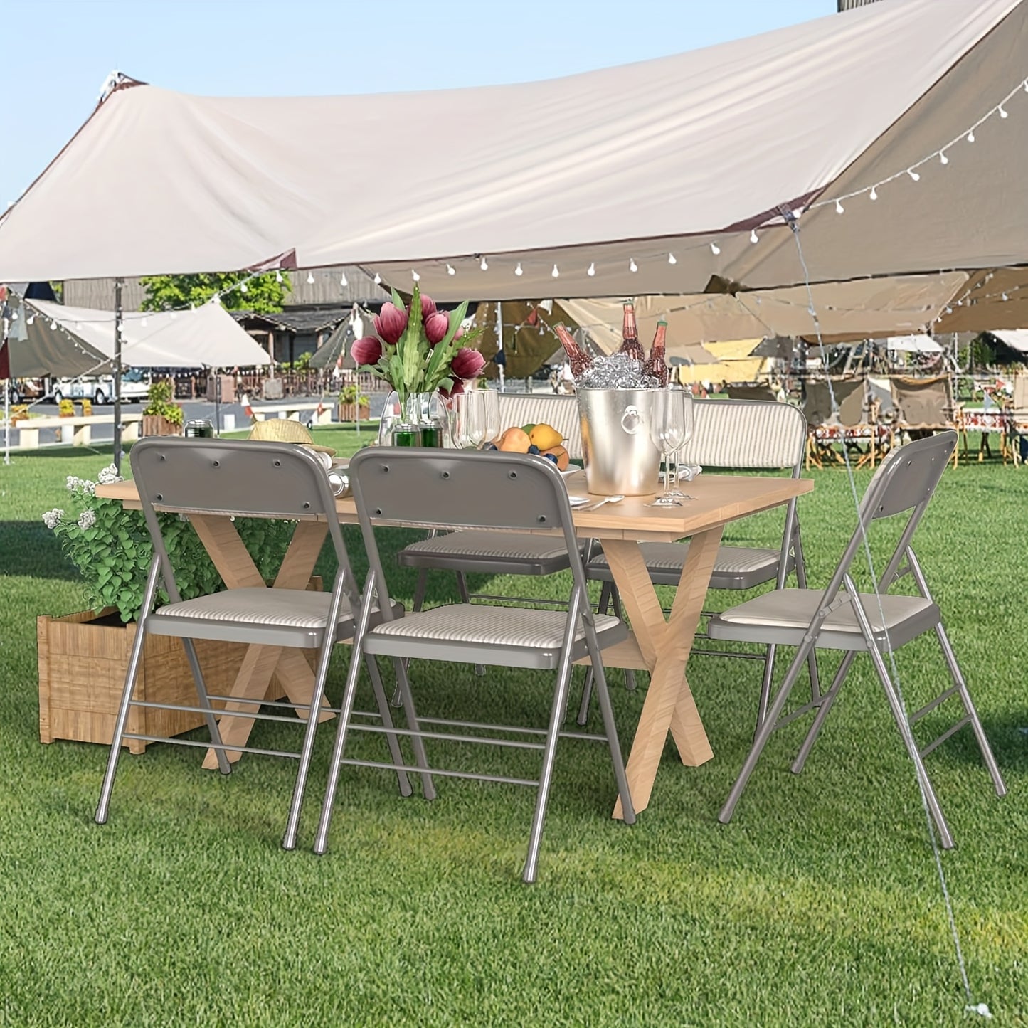 Opvouwbare Stoelen – Vouwstoelen – Campingstoelen – Tuinstoelen – Stoffen Stoelen – Set Van 4 – Gestreept Beige/Grijs – Stevig Metalen Frame – Comfortabele Bekleding