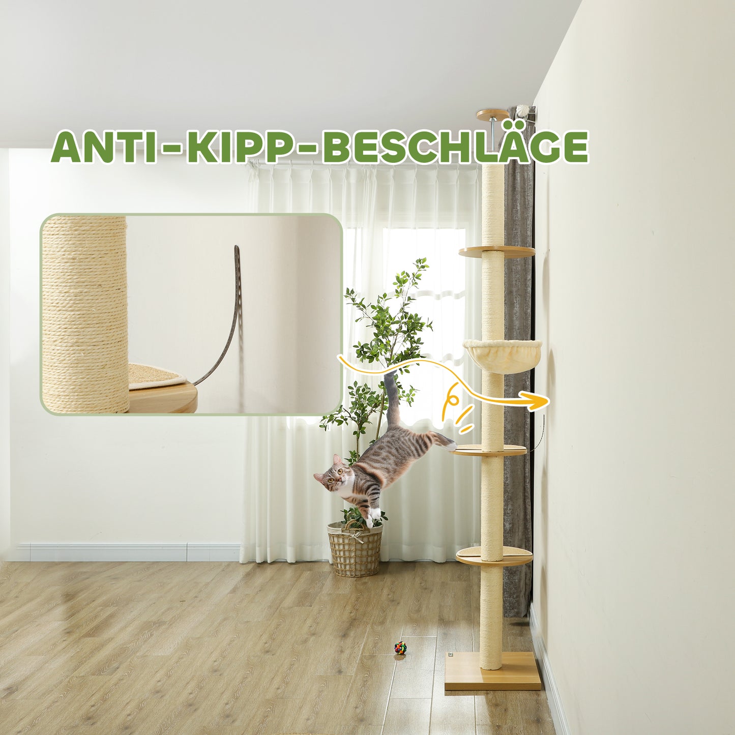 Krabpaal – Krabmeubel – Klimpaal – Kattenpaal – Speelpaal – Verstelbare Hoogte 230-250 cm – Anti-Kantel Veiligheidssysteem – Sisaltouw – Houtcomposiet – Eikenhout & Crème Wit