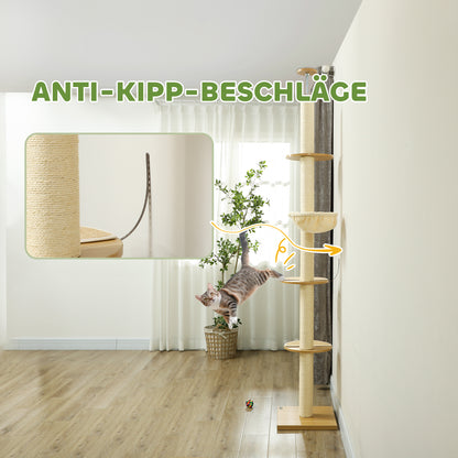 Krabpaal – Krabmeubel – Klimpaal – Kattenpaal – Speelpaal – Verstelbare Hoogte 230-250 cm – Anti-Kantel Veiligheidssysteem – Sisaltouw – Houtcomposiet – Eikenhout & Crème Wit