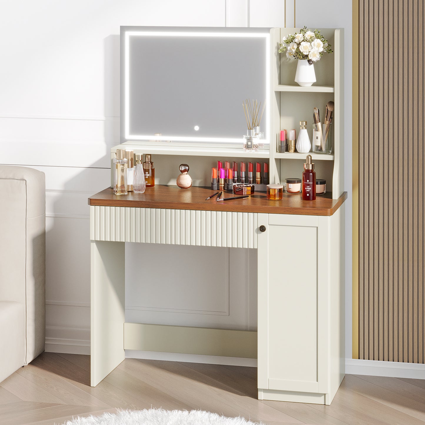Make-up Tafel – Kaptafel – Dressing Table – Make-up Desk – Schminktisch – Wit Hout & Glas – 110 cm Breed – 2 Laden & Verstelbare Planken – Zachte Kruk – Compact & Functioneel