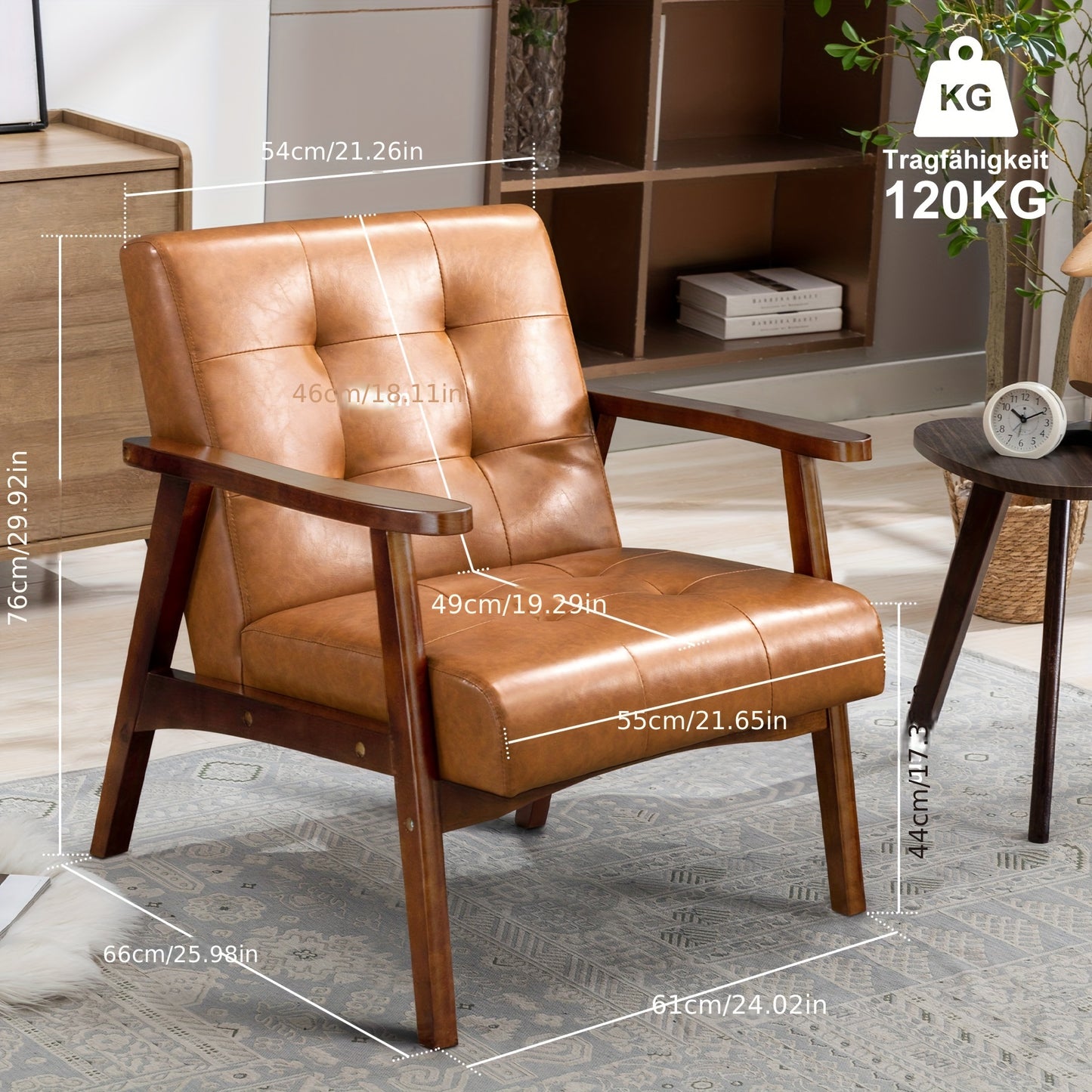Fauteuil – Stoel – Armstoel – Zetel – Mid-Century Chair – Rustkleur – Beukenhouten Frame – Kunstleren Bekleding – Comfortabele Schuimvulling – Houten Armleuningen