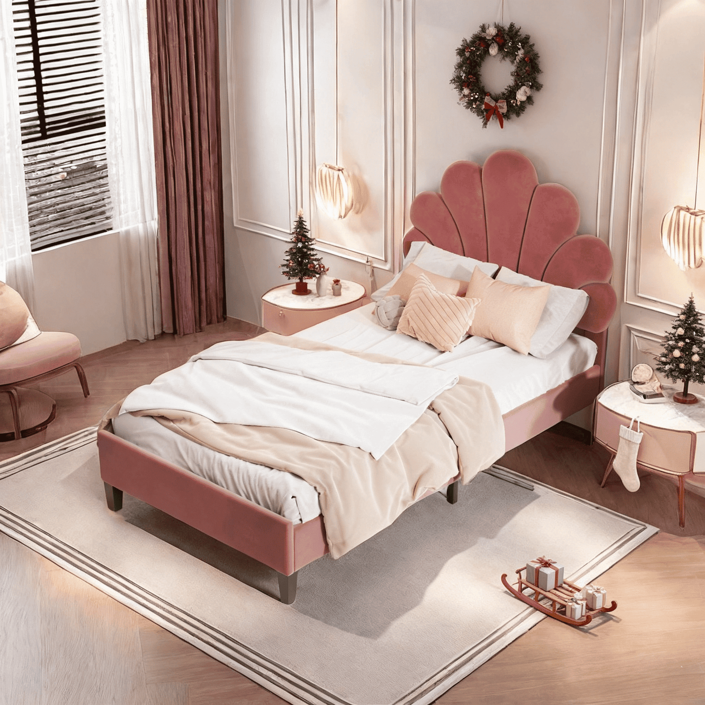 Eenpersoonsbed – Bed – Slaapbank – Kinderbed – Tienerbed – Roze Velvet Bloemvormig Hoofdbord – Stevige MDF Houten Constructie – Geschikt Voor Matras 90x200 cm