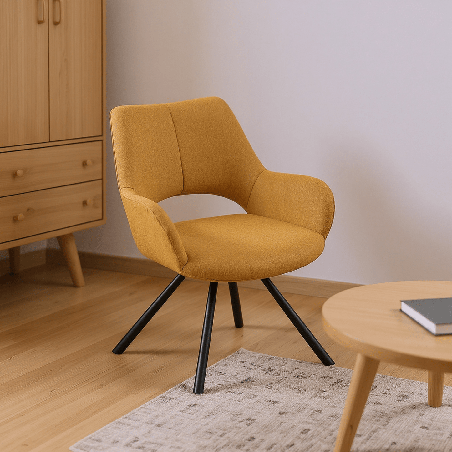 Scandinavische Stoel – Eetkamerstoel – Fauteuil – Relaxstoel – Designstoel – Gele Katoenen Bekleding – Stabiele Metalen Poten – Open Rugleuning – Set Van 2