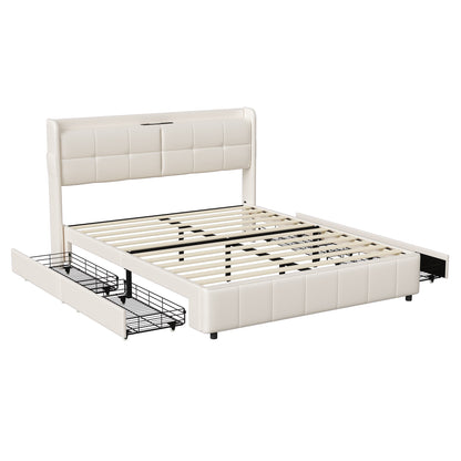 Bed Met Opbergruimte – Tweepersoonsbed – Volwassenenbed – Boxspringbed – Slaapbank – 160 x 200 cm – Fluweel Beige – 4 Ruime Ladekasten