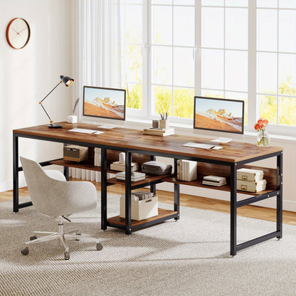Bureau – Bureautafel – Computertafel – Werktafel – Dubbel bureau – Industrieel design – Ruim 200 cm lang – Met opbergruimte en verstelbare poten