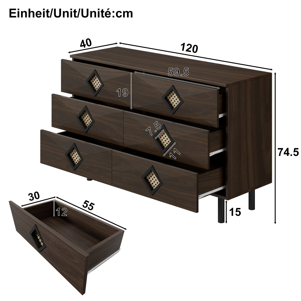 Ladekast – Ladenkast – Kommode – Dressoir – Opbergkast – 6 Lades – Rieten Details – Metalen Poten – MDF & Spaanplaat – Houtkleurig met Zwarte en Gouden Accenten