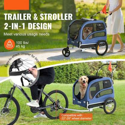 Hondenfietsaanhanger – Hondenwagen – Fietsaanhanger – Wandelwagen – Hondenkar – 2-in-1 Fiets- en Wandelwagen – Max. Draaggewicht 45 kg – Verstelbare Handgreep 92-117 cm