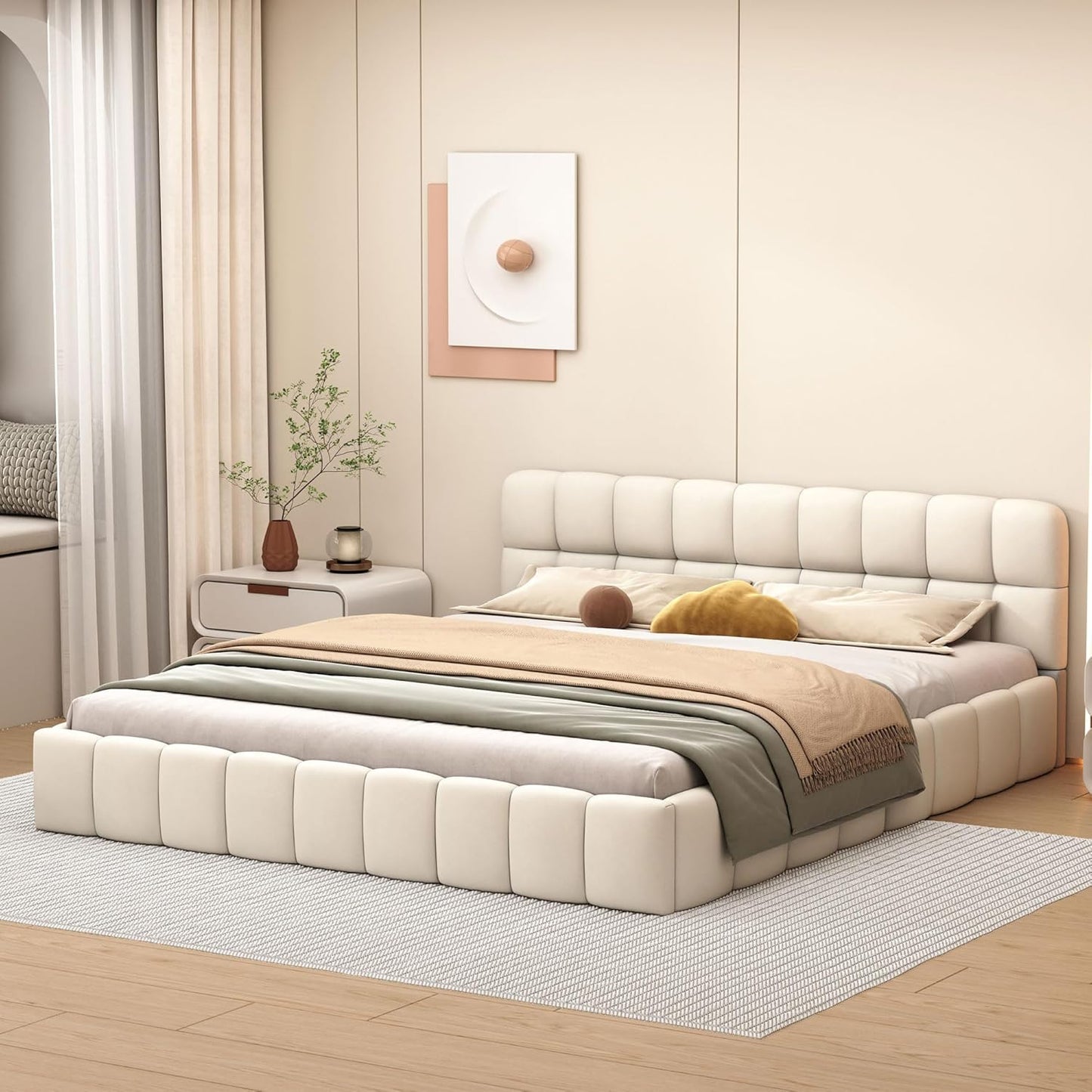 Tweepersoonsbed – Gestoffeerd Bed – Bedframe – Slaapbank – Boxspring – 140x190 cm – Ademend Linnen Stof – Comfortabel Hoofdbord