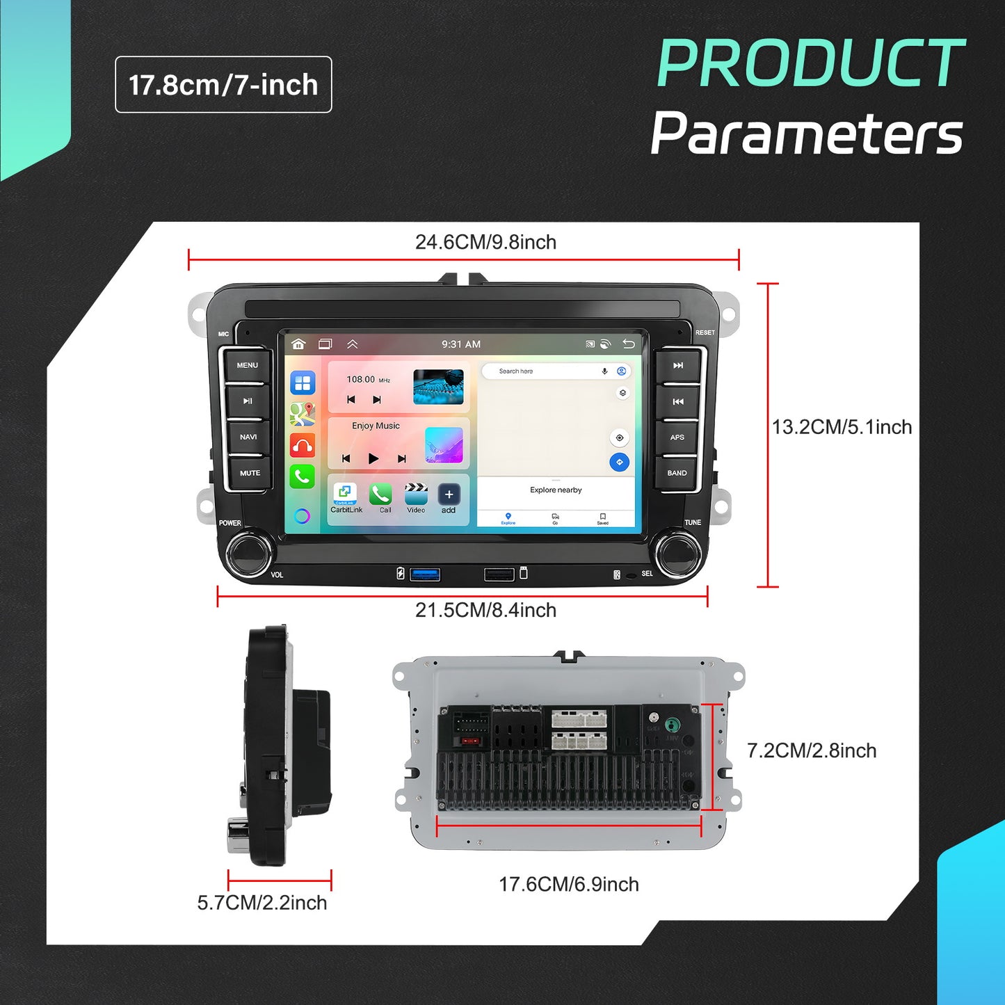 Podofo Android 15 Car Stereo for VW Golf 5/6, Passat, Jetta, Tiguan,, Caddy & More - 8-Core 6GB+128GB, 7-inch/9-inch HD IPS Touchscreen, CarPlay/Android Auto, GPS Navigation, Steering Wheel Control, Plug & Play (No Cables), A
