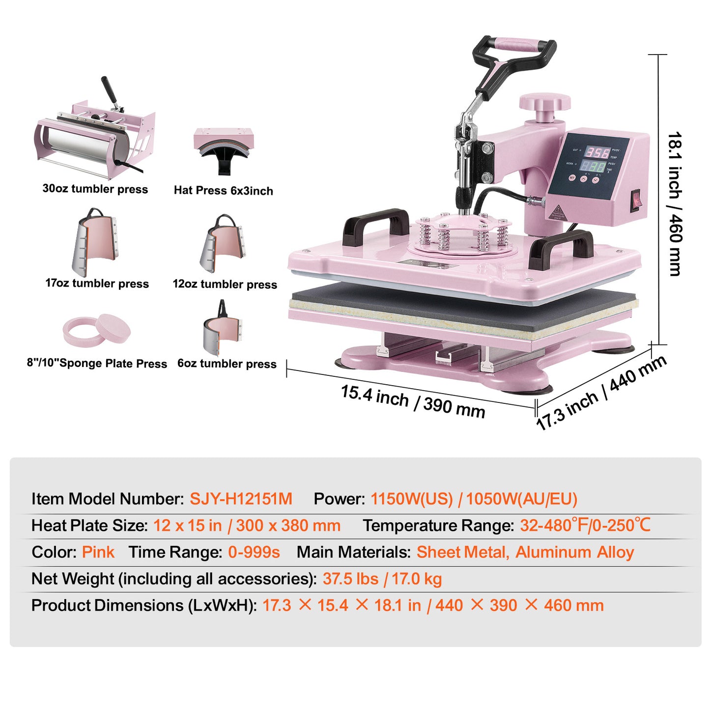 Warmtepers – Transferpers – Textielpers – Mokkenpers – Roze 8-in-1 – 30,5x38,1 cm Warmteplaat – Digitale Temperatuur- en Tijdinstelling