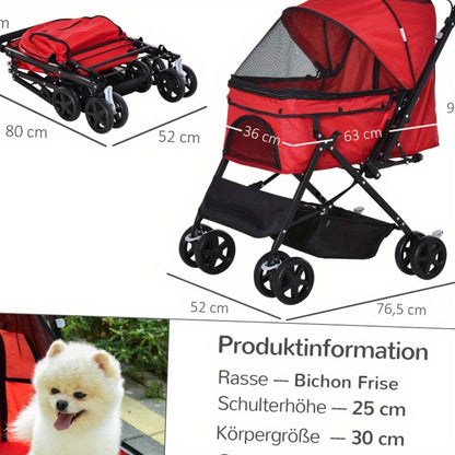 Huisdierscooter – Dierenwagen – Hondenbuggy – Kattenwagen – Draagwagen – Lichtgewicht & Duurzaam – Afmeting 76,5x52x95 cm – Rode Oxford Stof