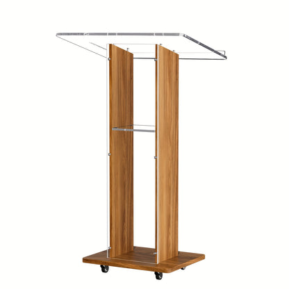 Spreekgestoelte – Lessenaar – Podium – Presentatietafel – Katheder – Hout en Acryl – Voorzien Van 4 Wieltjes – 2 Ruime Opbergladen