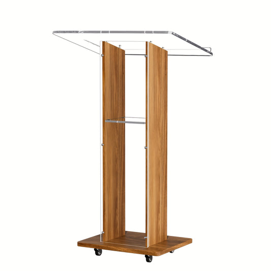 Spreekgestoelte – Lessenaar – Podium – Presentatietafel – Katheder – Hout en Acryl – Voorzien Van 4 Wieltjes – 2 Ruime Opbergladen