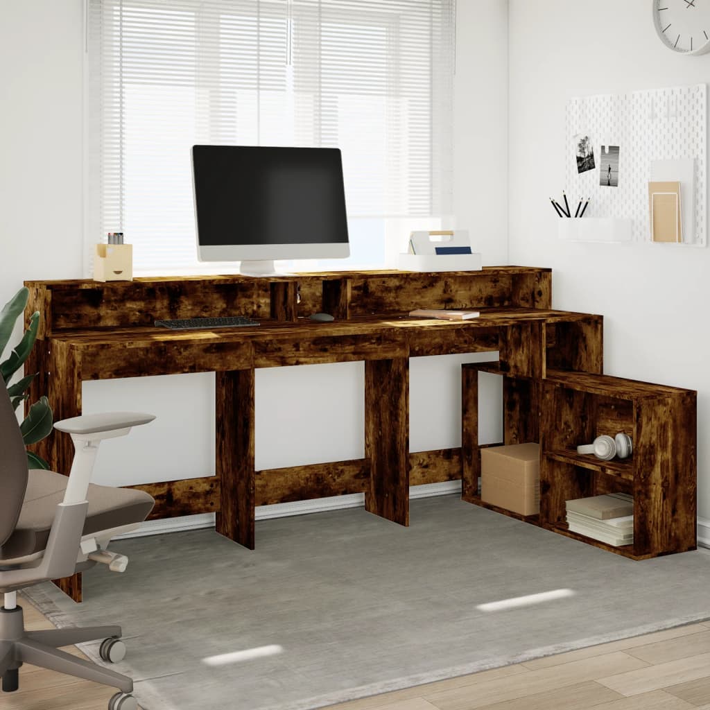 Bureau – Werkplektafel – Laptoptafel – Schrijftafel – Computertafel – Smoked Oak Kleur – RGB LED Verlichting – Ruime Opbergruimte