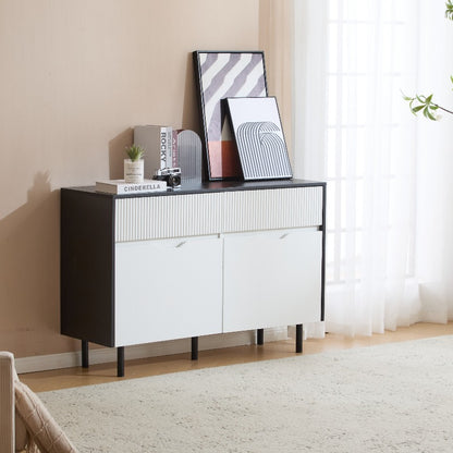 Metaal Opbergkast – Stalen Kast – Dressoir – Buffetkast – Keukenkast – 120 cm Breed – Zwart-Wit Met Riffeldeuren – Verstelbare Planken – Geen Montage Nodig
