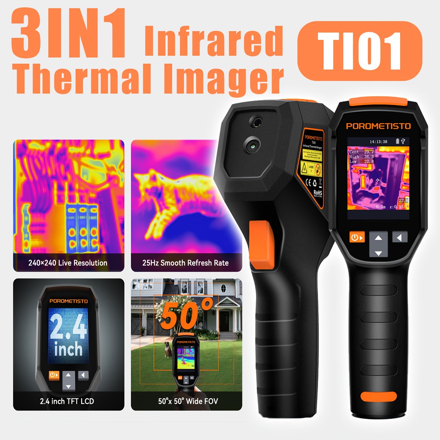 TI01 Infrared Thermal Imager -20-550 Thermal Imaging  Infrared 240x240 Image Resolution Laser Thermographic for Repairing, Home Renovation, Oven Diagnostics, Portable Design, Handheld Device, Durable Construction, Professiona