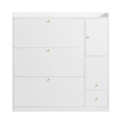 Schoenenkast – Schoenenrek – Schoenopberger – Schoenmeubel – Schoenentrekker – Wit – 3 Kantelbare Laden – Ingebouwde Klapbank