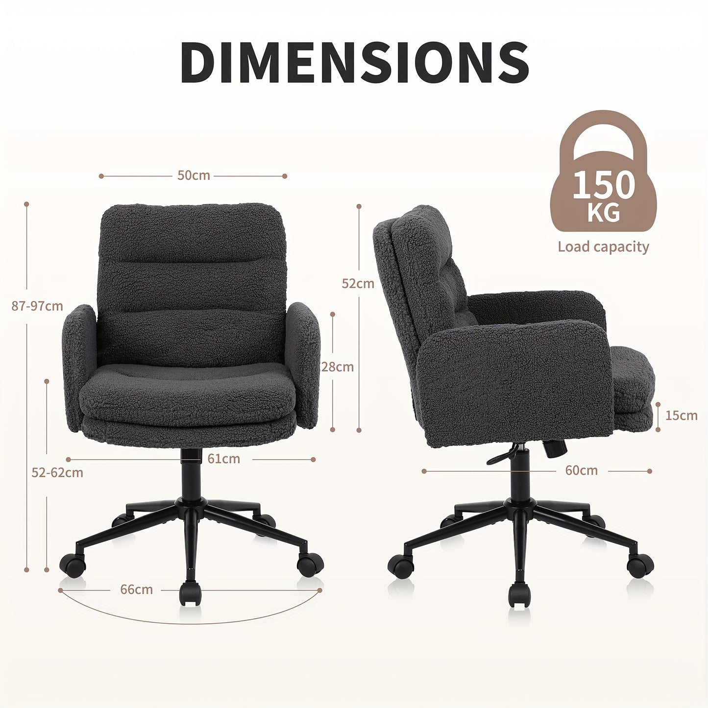 Youhauchair home office chair, 360° swivel, comfortable faux fur office chair, adjustable height, with backrest and armrests, suitable for bedroom computer desk, in beige/dark grey, Office Furniture, Chaise De Bureau Ergonom