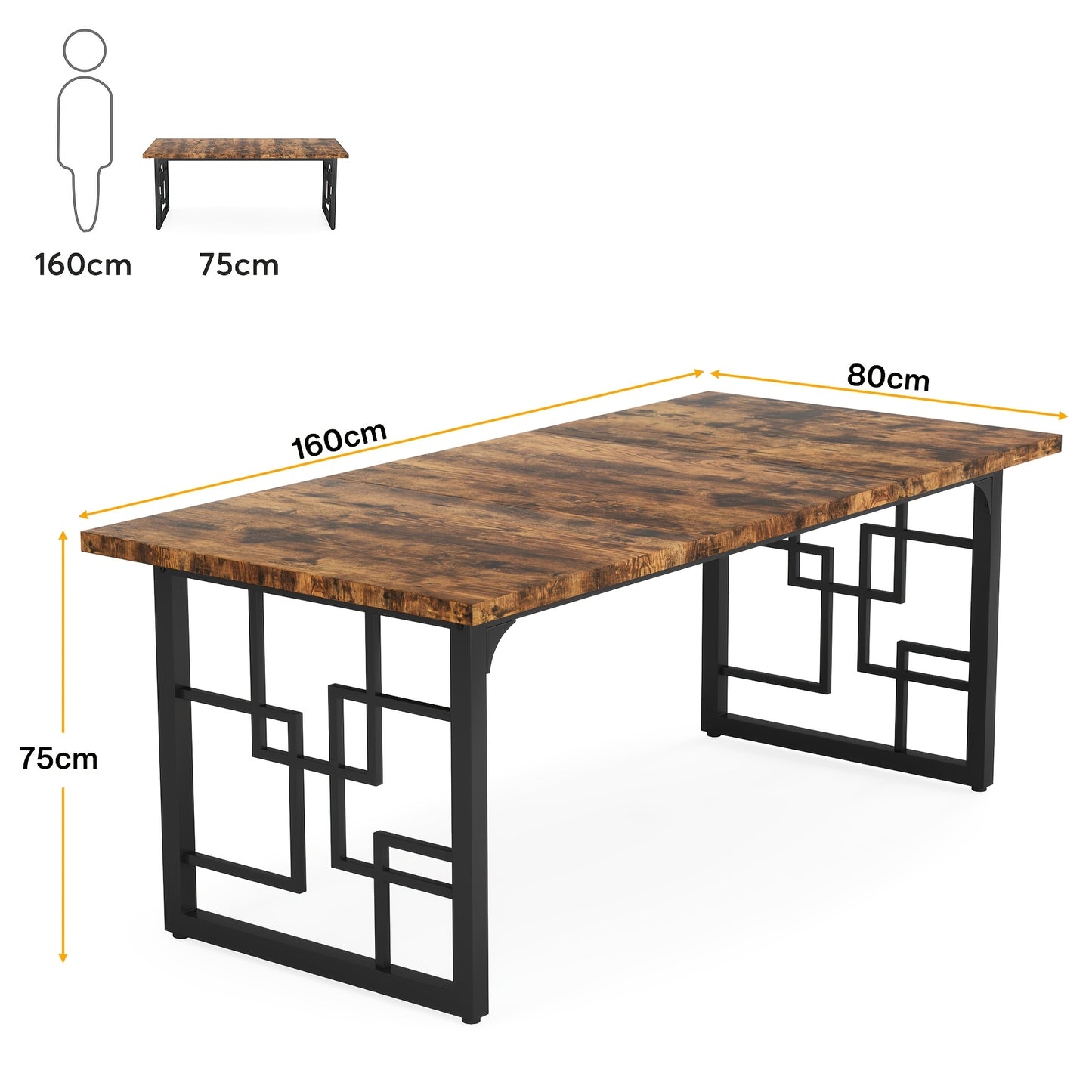 Eettafel – Tafel – Keukentafel – Eetkamertafel – Landelijke tafel – Rustiek Bruin Hout – Industrieel Zwart Metalen Frame – 160 cm Rechthoekig – Geschikt voor 4-6 Personen