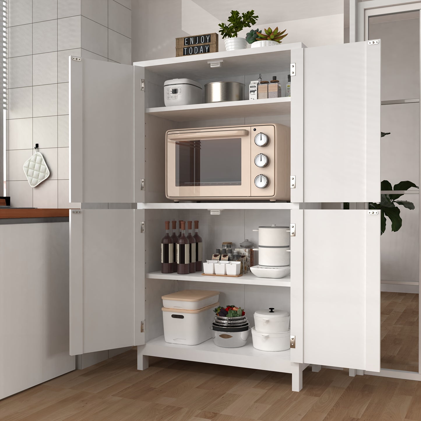 Opbergkast – Bergkast – Voorraadkast – Dressoir – Witte Kast – Moderne 4-Deurs Kast – Verstelbare Planken – Compact 60x30x110 cm – 3,2+ Kubieke Voet – Stevig en Duurzaam – Gebruiksklaar Zonder Elektriciteit
