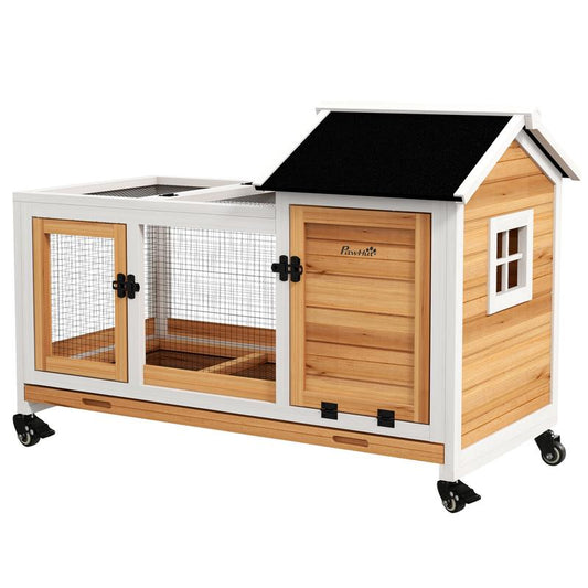 Large Front Door & Ramp Access Small Animal Hutch with Wheels - Heavy-Duty Mobile Pet Cage for Dwarf Rabbits, Guinea Pigs, Hamsters, Chinchillas - Spacious 106.93cmL x 58.42cmW x 73.91cmH Habitat with Ramp, Ventilation Mesh &