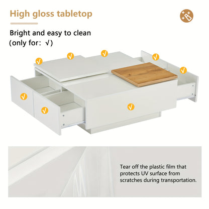Salontafel – Koffietafel – Woonkamertafel – Bijzettafel – Tafel – Hoogglans Wit – Vierkant – Schuifbaar Tafelblad – Houten Opbergruimte