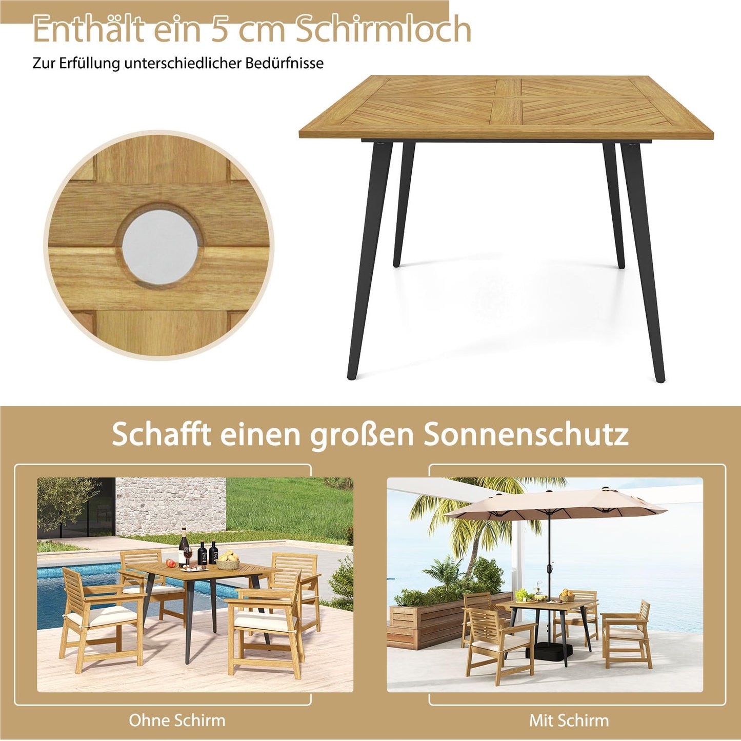 Tuintafel – Tuin Eettafel – Balkon Tafel – Buiten Tafel – Houten Tafel – Acaciahouten Vierkante Tafel 107x107 cm – Parasolhouder – Metalen Poten