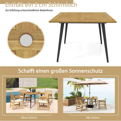 Tuintafel – Tuin Eettafel – Balkon Tafel – Buiten Tafel – Houten Tafel – Acaciahouten Vierkante Tafel 107x107 cm – Parasolhouder – Metalen Poten