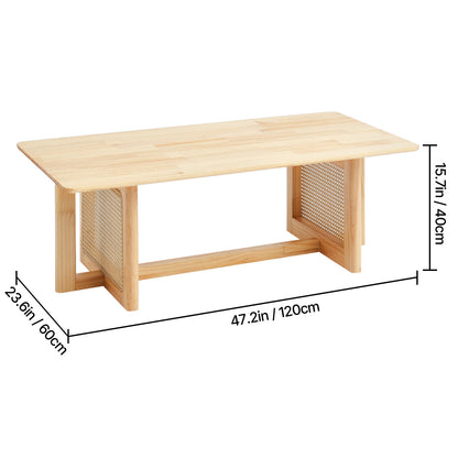 Rotan Salontafel – Rattan Tafel – Bijzettafel – Koffietafel – Rieten Tafel – Rechthoekig – Handgevlochten Rotan – Massief Houten Blad
