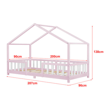Kinderbed – Kinderbedden – Eenpersoonsbed – Hoogslaper – Stapelbed – Huisvormig Design – Valbeveiliging – Grenenhout – 140x200 cm