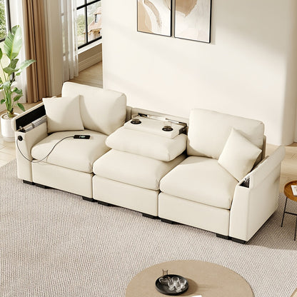 Vouwbare Bank – Slaapbank – Zitbank – Sofa – Bedbank – Chenille Bekleding – Opbergruimte – Inklapbare Tafel – Drankhouder – Beige – Compact Voor Kleine Ruimtes