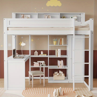 Hoogslaper – Stapelbed – Eenpersoonsbed – Kinderbed – Bed Met Bureau – Wit – 90x200 cm – Met Kledingkast En Opbergruimte
