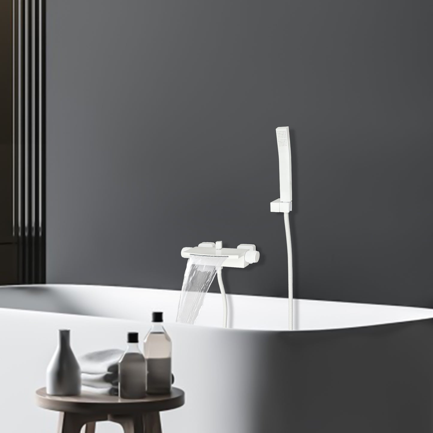 Muurmaandkraan – Badkraan – Douchekraan – Watervalkraan – Handdouche – Duurzaam Messing – Witte Mat Design
