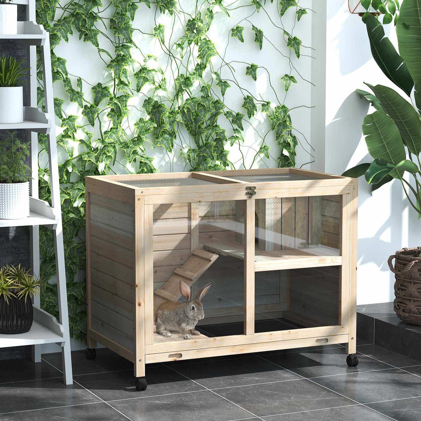 Konijnenhok – Konijnenren – Knaagdierkooi – Dierenkooi – Knaagdierverblijf – Hout – 2 Verdiepingen – Wieltjes – Open Dak – 91,5x53,3x73 cm – Natuurlijk Hout