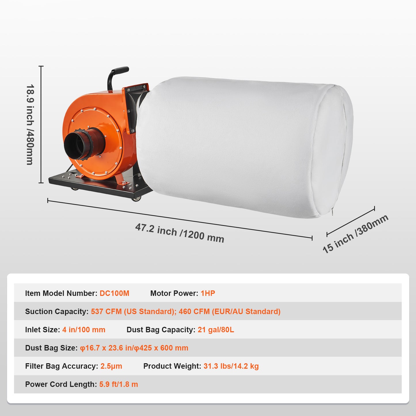 Professionele Stofafzuiger – Stofcollector – Stofzuiger – Houtstofzuiger – Werkplaatsstofzuiger – 1PK Motor – 21 Gallon Stofzak