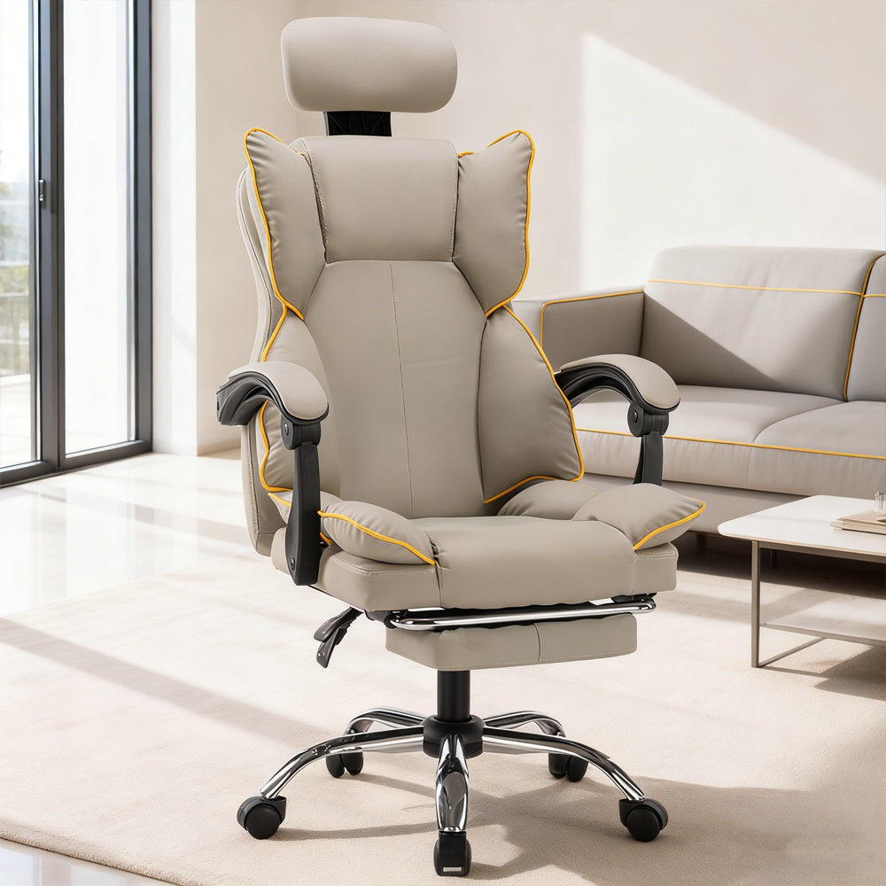 Gamingstoel – Gamestoel – Gaming Chair – Bureaustoel – Game Stoel – Verstelbare Rugleuning – Inklapbare Voetensteun – Ergonomisch PU-Leder – Stevig Met Lendensteun Khaki/Goud