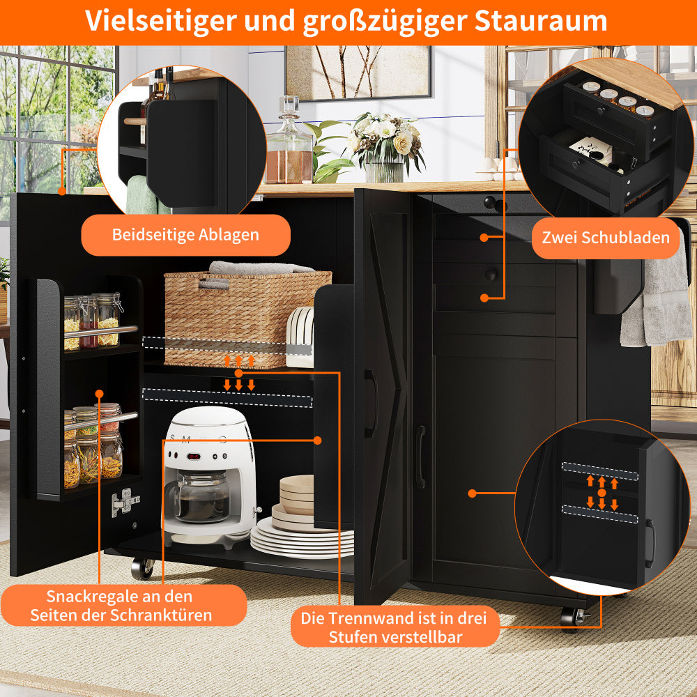 Keukeneiland – Keukentrolley – Keukenkast – Serveerwagen – Opbergmeubel – Multifunctioneel – Ruimtebesparend – Zwart Met Houtnerf Werkblad