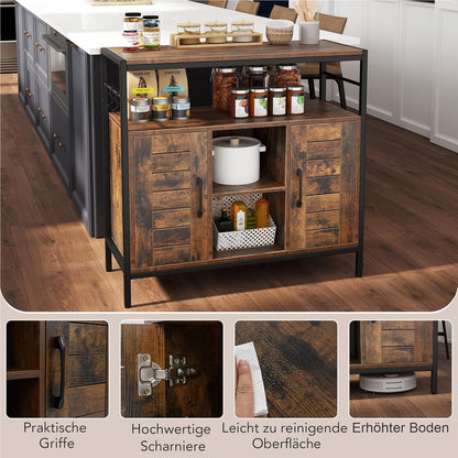 Houten Dressoir – Sideboard – Keukenkast – Buffetkast – Opbergkast – Industrieel – Verstelbare Planken – Inclusief 3 Haken – Bruin Zwart