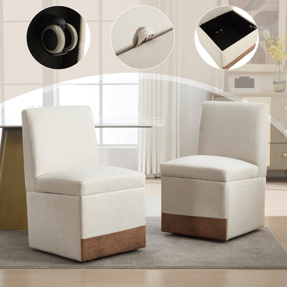Draaibare Eetkamerstoelen – Eetkamerstoelen – Bureaustoelen – Stoelen Met Wieltjes – Armloze Stoelen – Beige Linnen Bekleding – 360° Draaibaar Met Opbergruimte – Stevig Metalen Frame Tot 113 kg