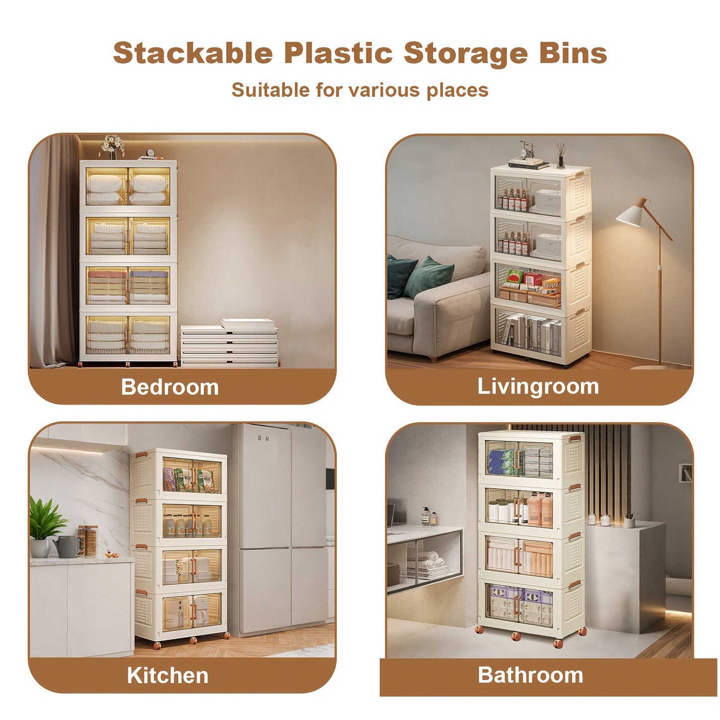4-laags Plastic Kledingkast – Opbergkast – Dressoir – Garderobekast – Opbergkast Met Deuren – Wit – Inklapbaar Ontwerp – 4 Wielen Voor Mobiliteit – 4x145L Capaciteit – Duurzaam PP Materiaal