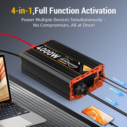 Stroomomvormer – Spanningsomvormer – Power Inverter – DC-AC Omvormer – 12V 24V 36V – 4000W Piekvermogen – LCD Display & Afstandsbediening