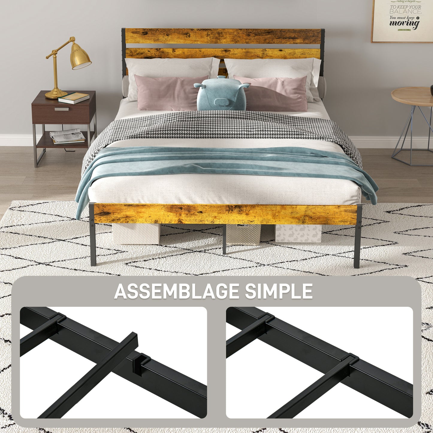Tweepersoonsbed – Dubbelbed – Bedframe – Lattenbodem – Industrieel Bed – 160x200 cm – Onderbed Opbergruimte – Hout en Staal