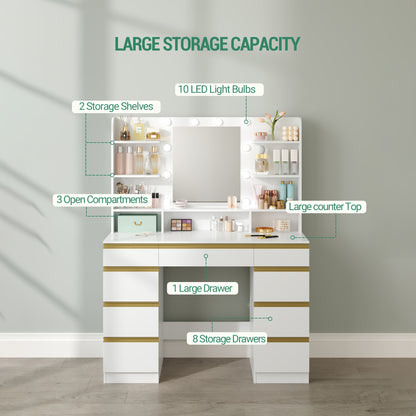 Kaptafel – Make-up Tafel – Schminktafel – Make-up Meubel – Dressing Table – Grote HD Spiegel – 1 Grote Lade & 8 Kleine Laden – 9 Open Planken – Wit Met Gouden Accenten