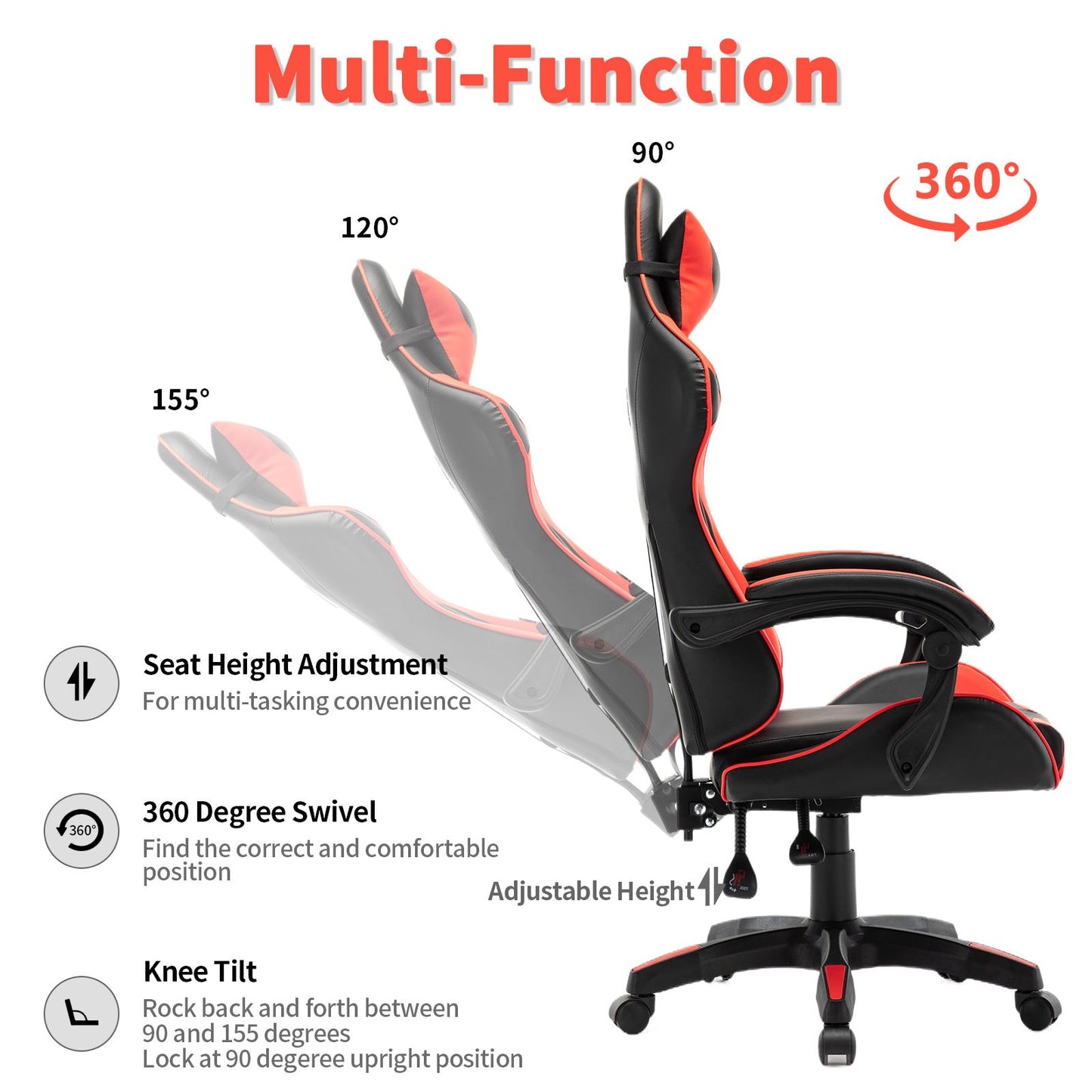 Gamingstoel – Bureaustoel – Computstoel – Racerstoel – Ergonomische Stoel – Verstelbare Rugleuning – Memory Foam Zitting – Kunstleren Bekleding – Rood