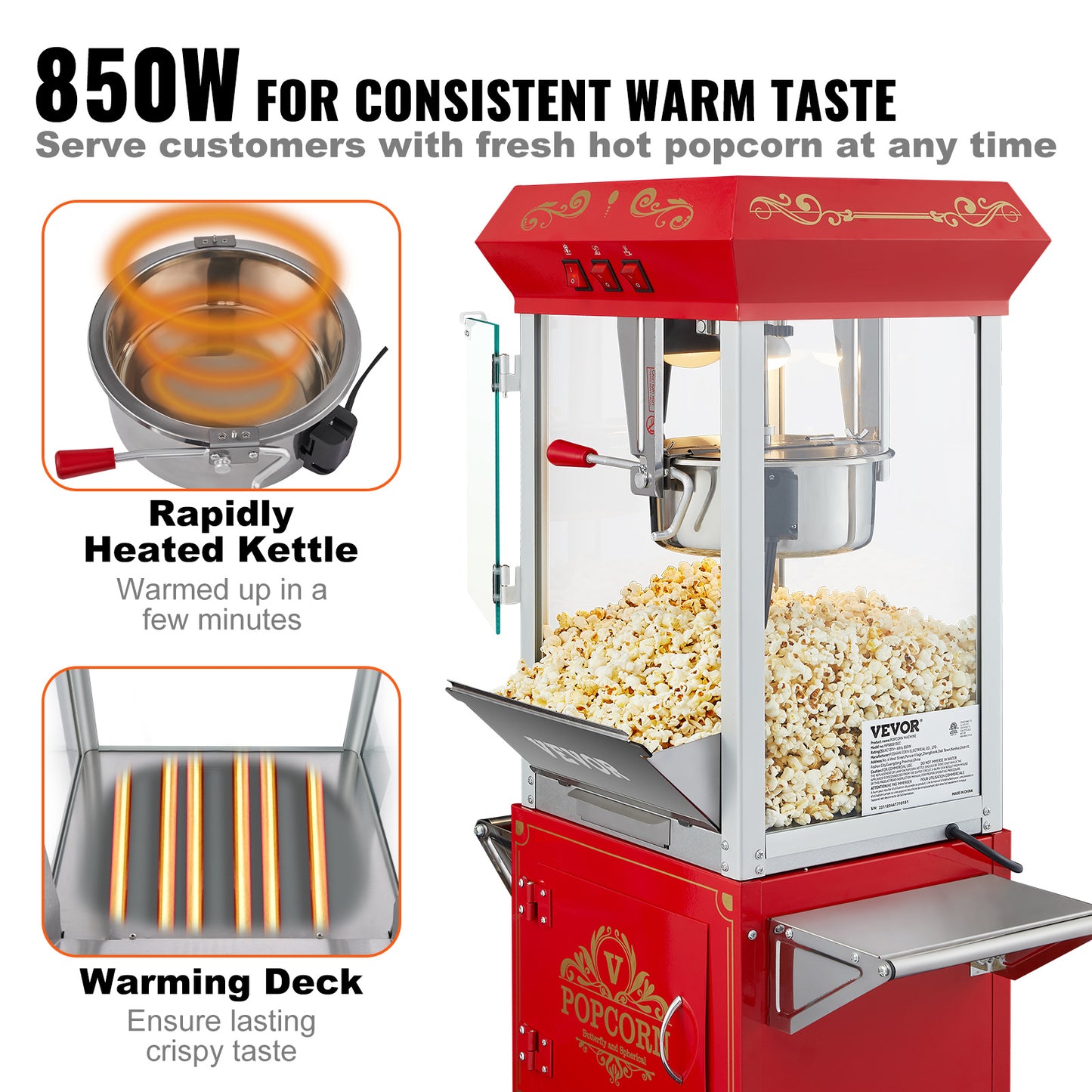 Popcornmachine – Popcornmaker – Popcornmachine met Kar – Popcorn Popper – Professionele Popcornmachine Rood – 850W Vermogen – Ketelcapaciteit 230g