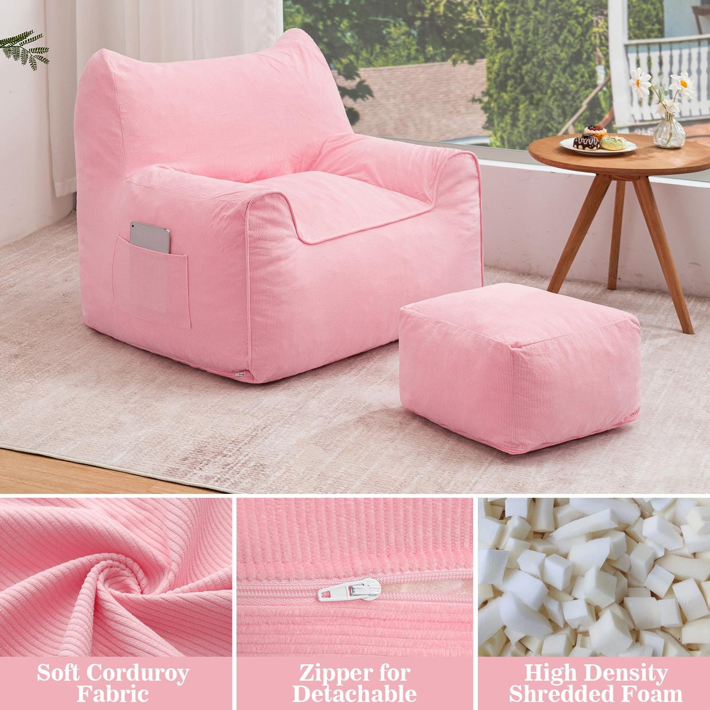 Zitzak – Zitzakstoel – Poef – Loungestoel – Fauteuil – Grote Zitzak Met Verstelbare Poef – Memory Foam Vulling – Zachte Corduroy Stof – Roze