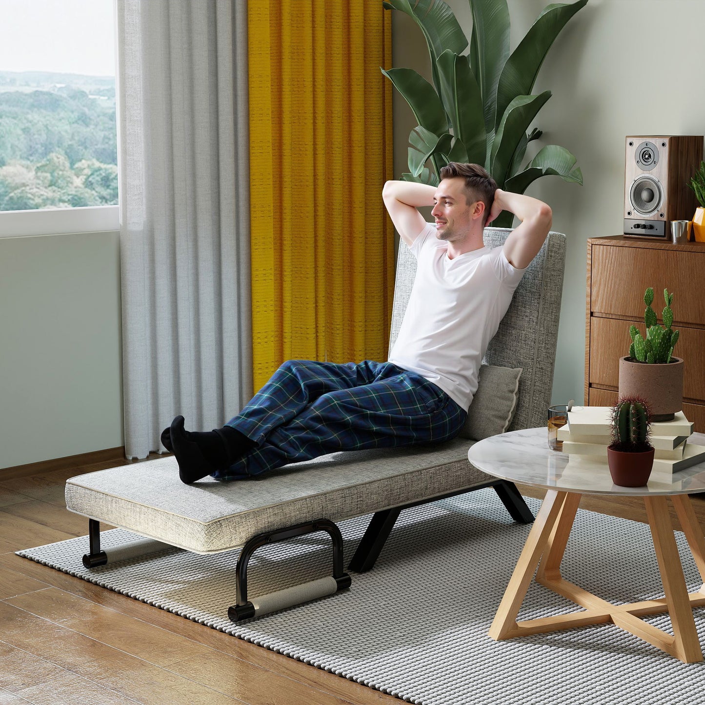 Slaapbank – Bedbank – Uitklapbank – Slaapstoel – Logeerbed – 3-in-1 Multifunctioneel Design – Stevige Linnen Bekleding – Lichtgrijs
