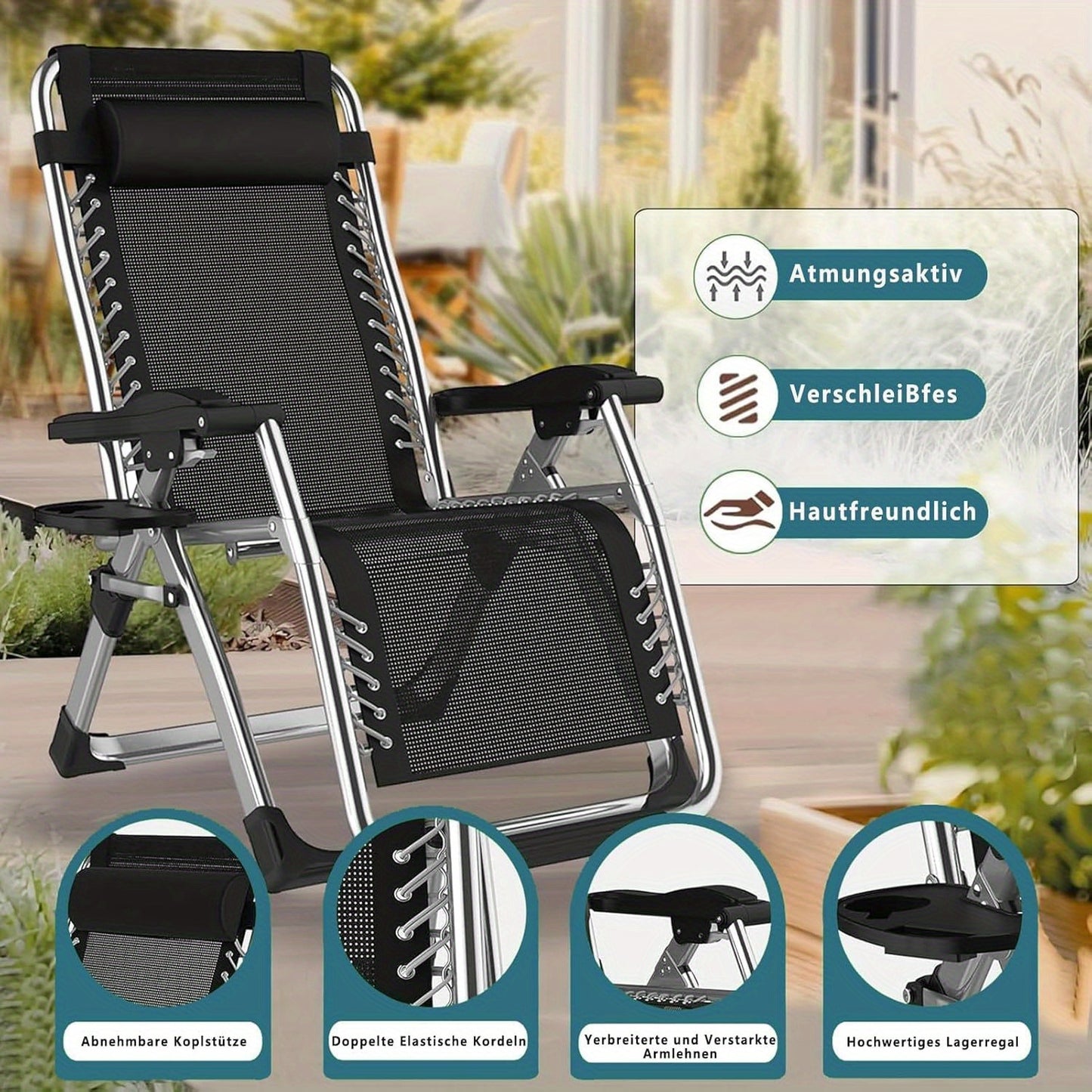 Lounge Stoel – Inklapbare Tuinstoel – Campingstoel – Relaxstoel – Balkonstoel – Verstelbare Rugleuning – Stevig IJzeren Frame – 72 cm Zilverkleurig – Afneembare Kussens – Inclusief Hoofdsteun en Tray Tafel